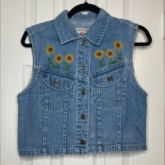 Jackets & Blazers - Vintage 90s Denim Vest with Sunflower Embroidery